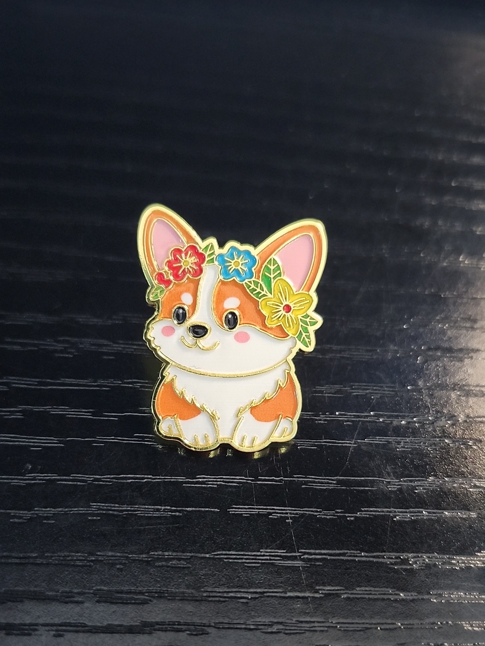 Corgi Floral Enamel Pin - Orange & White Cute Accessory